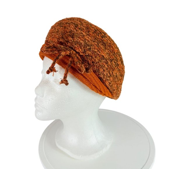 Everett Original Knitted Beret Hat VTG 70s Orange Brown Textured Wool Bow Retro - Picture 11 of 13
